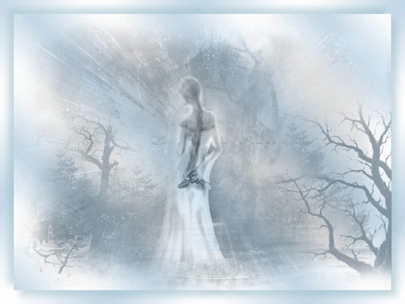 Ghostly figure in misty forest