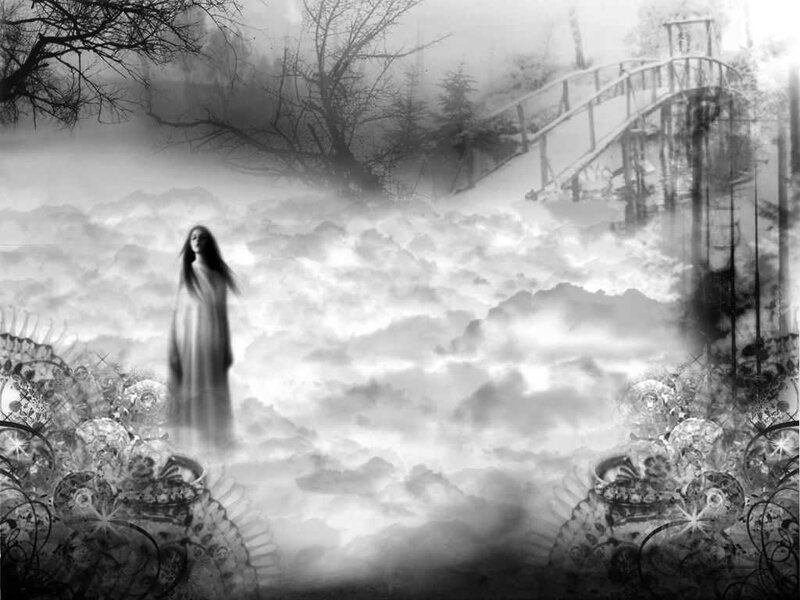 ghostly figure in misty landscape