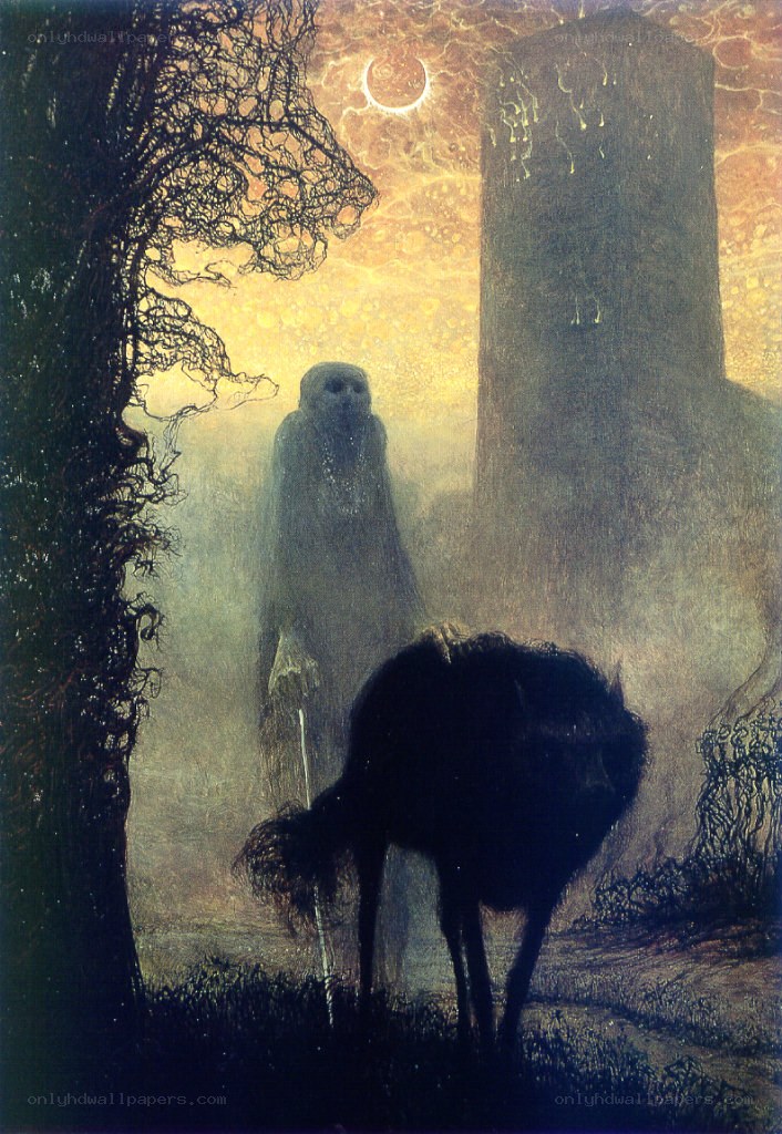 Ghostly figure in misty landscape