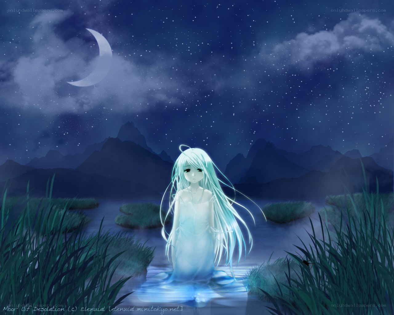 Ghostly figure in moonlit marsh