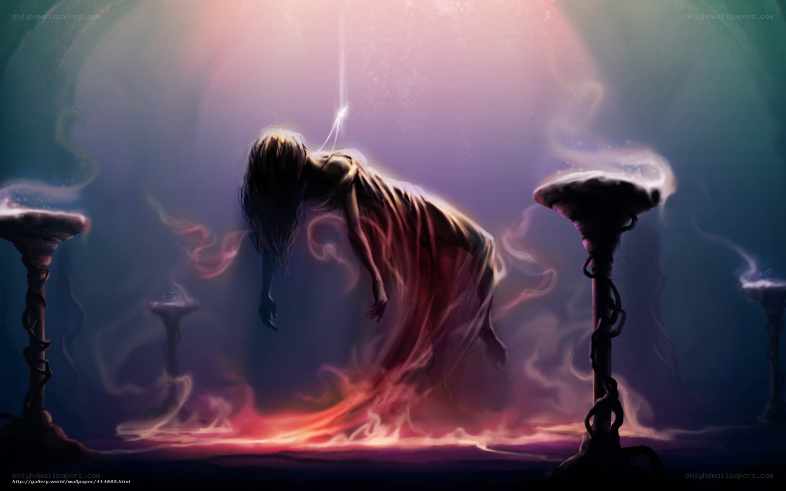 Ghostly figure in mystical chamber