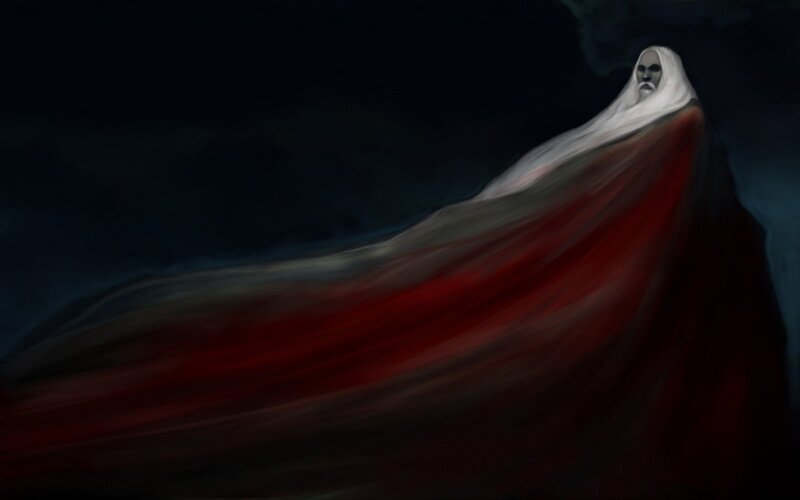 ghostly figure in red cloak