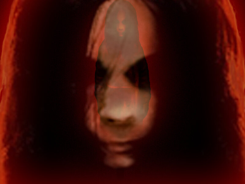 ghostly figure in red tunnel
