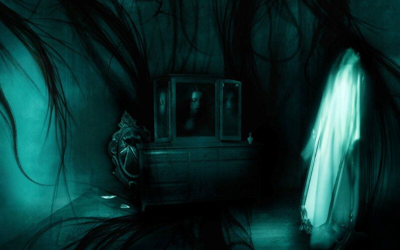 Ghostly Figure in Room — Teal, Dark