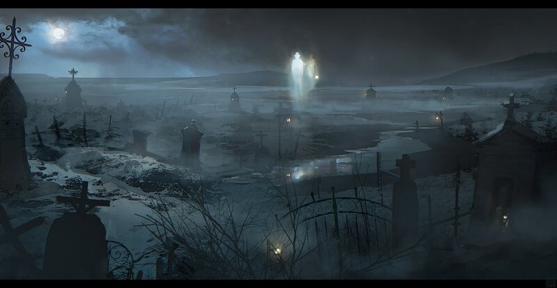 Ghostly figure in snowy graveyard