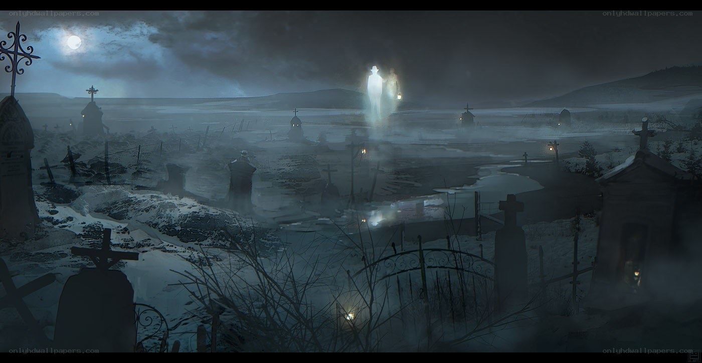 Ghostly figure in snowy graveyard