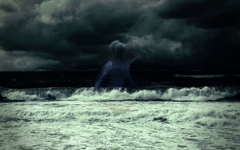 Ghostly figure in stormy sea