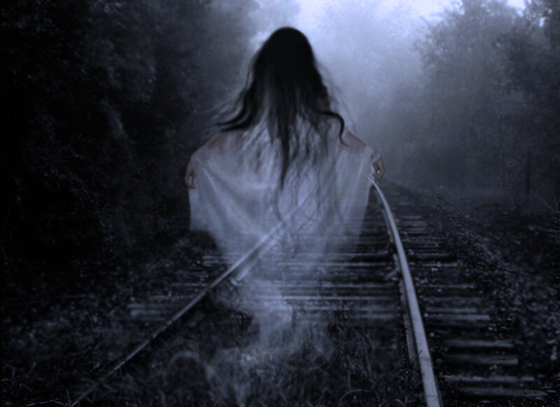 Ghostly Figure on Train Tracks — Black