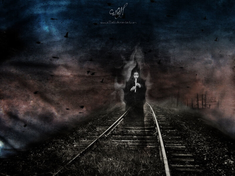 Ghostly figure on train tracks