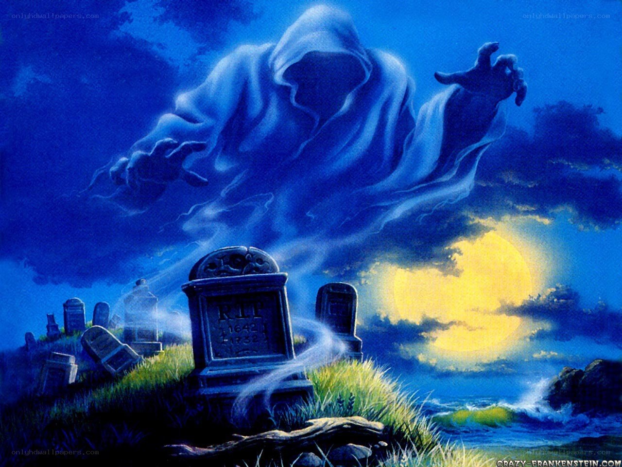 Ghostly figure over graveyard