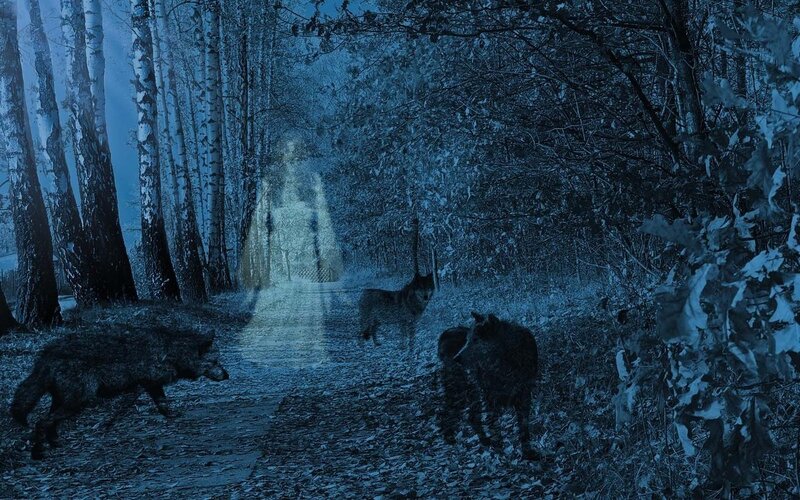 Ghostly Figure with Wolves