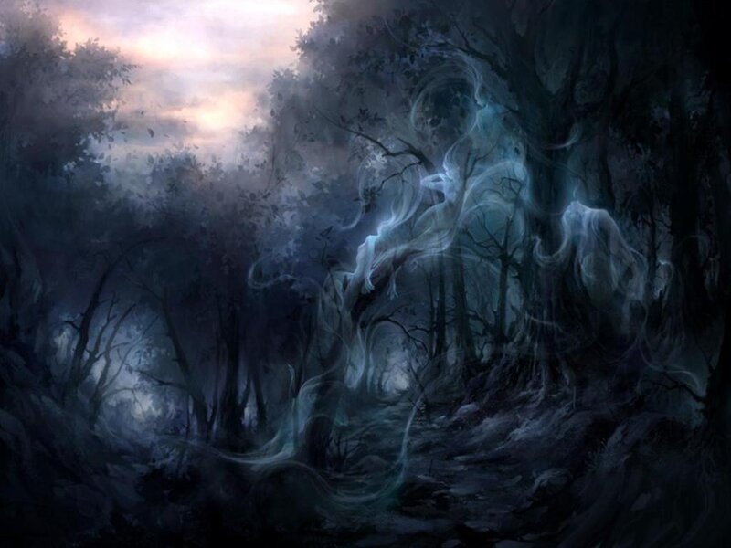 Ghostly figures in a dark forest
