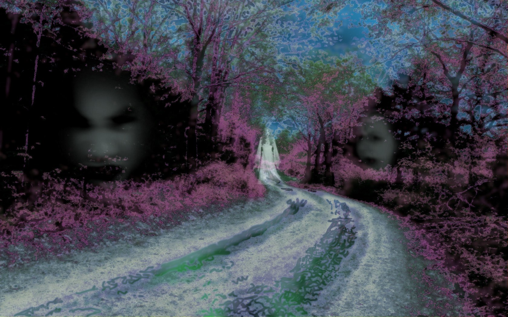 ghostly figures in a forest path