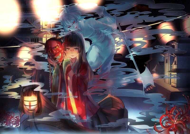 Ghostly figures in a lantern-lit alley