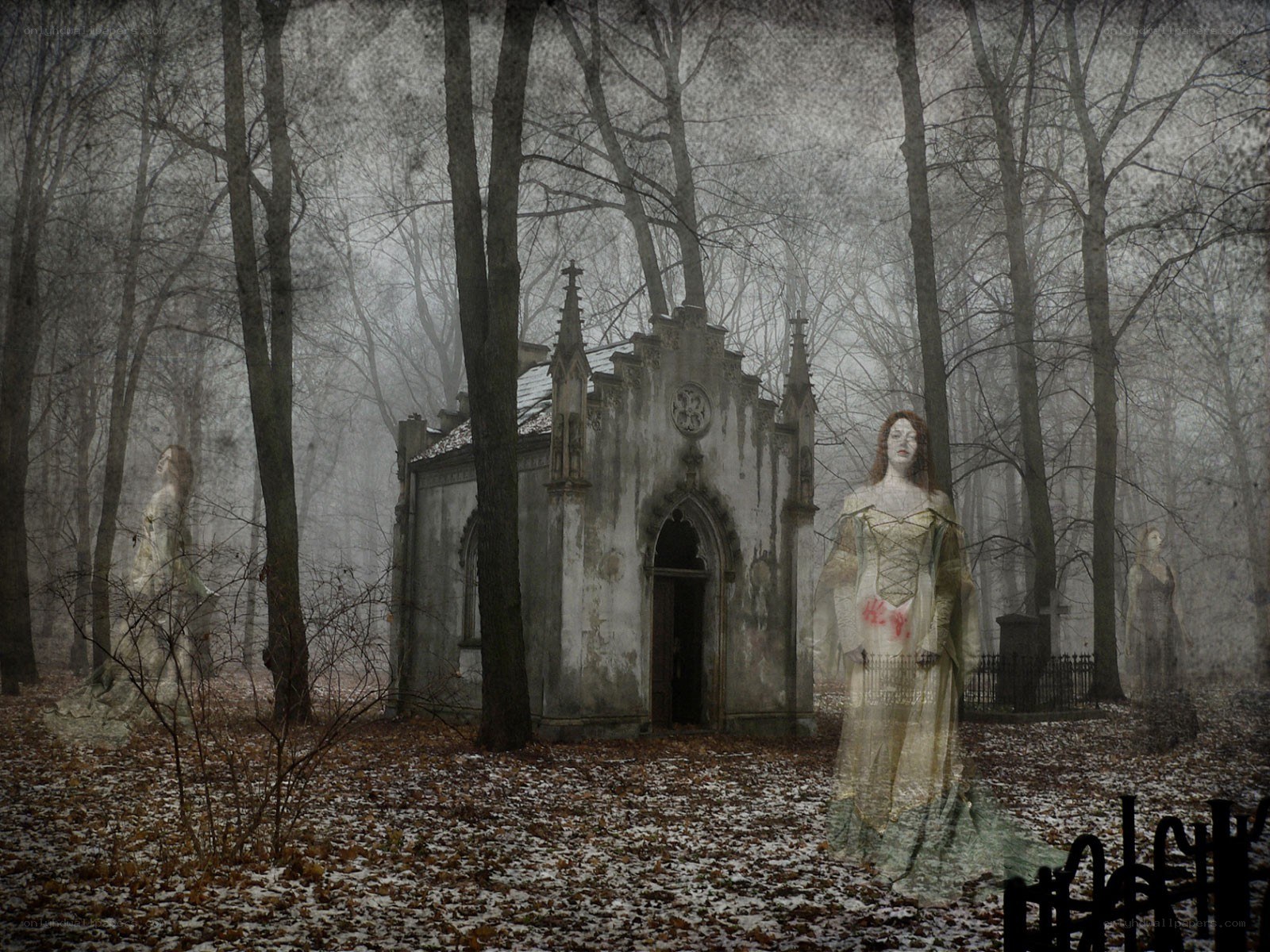 Ghostly figures in a misty forest