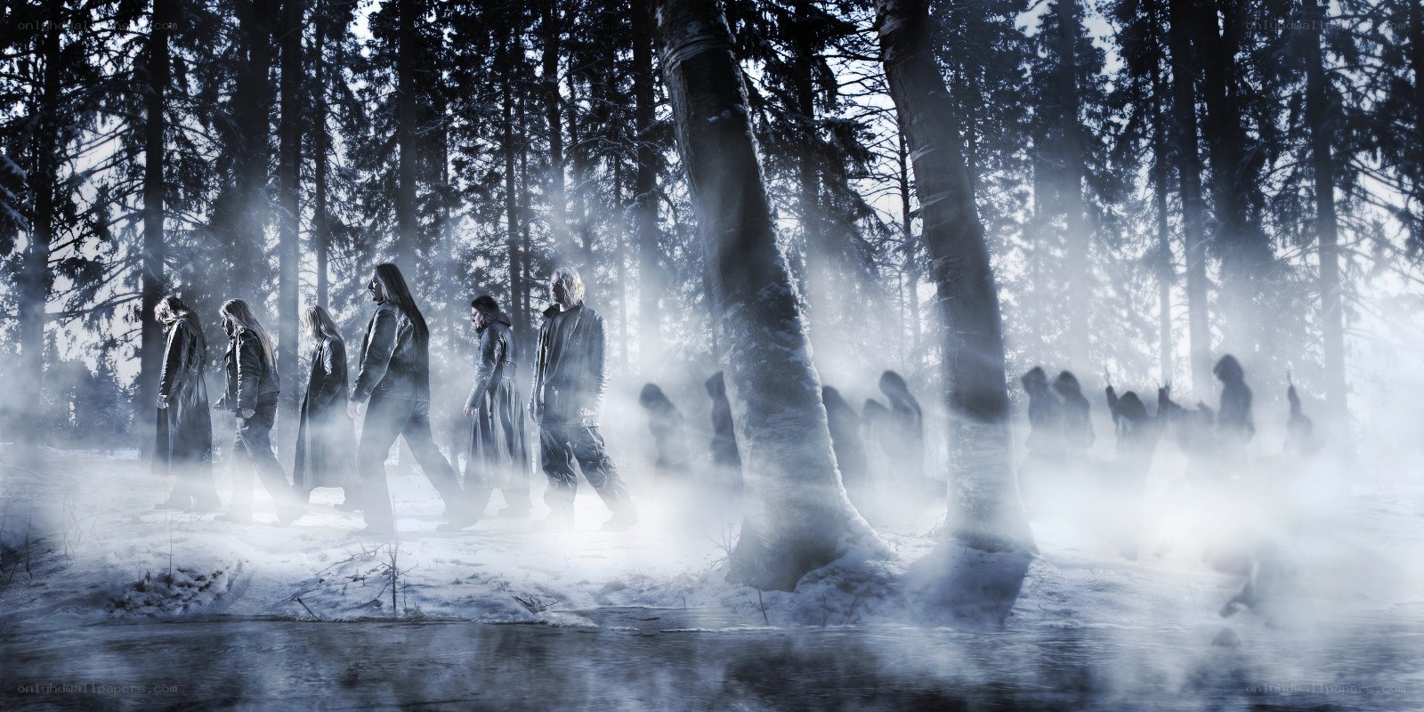 Ghostly figures in a snowy forest