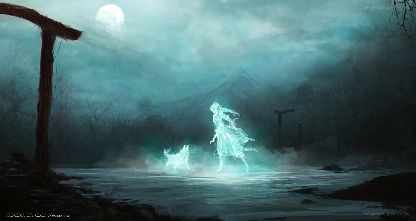 Ghostly figures in moonlit swamp