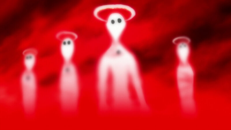 ghostly figures in red mist