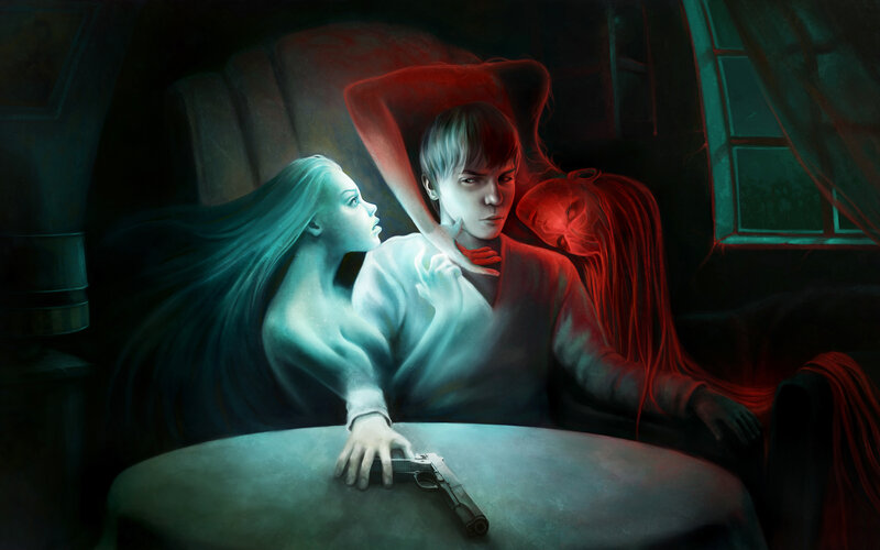 ghostly figures surround a man