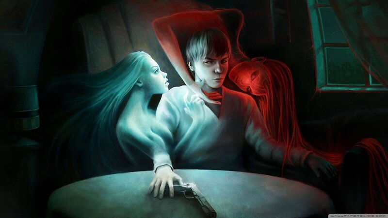 ghostly figures with a gun