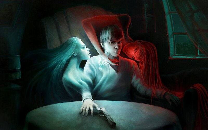 Ghostly Figures with Man — Red, Dark, Night