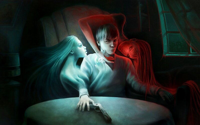 Ghostly Figures with Man — Red