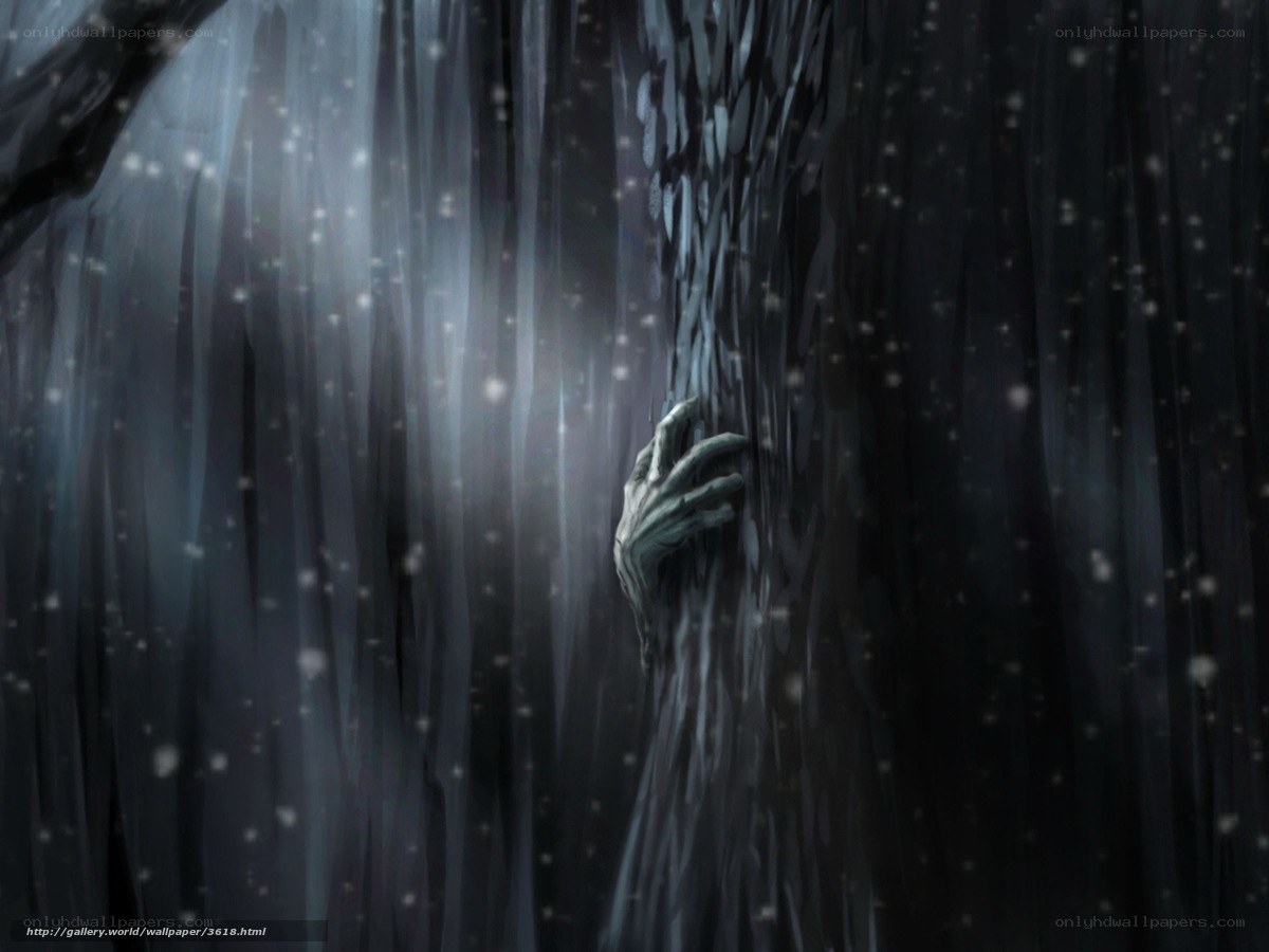 ghostly hand in dark forest