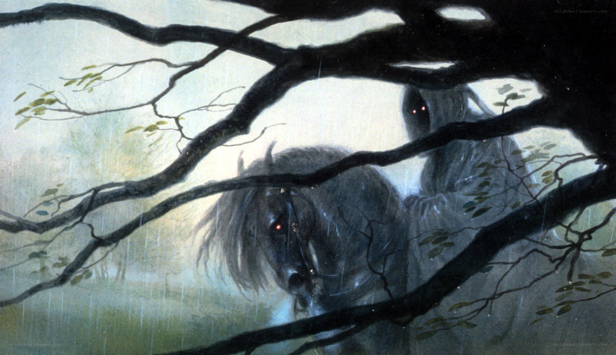 Ghostly horse in rainy forest