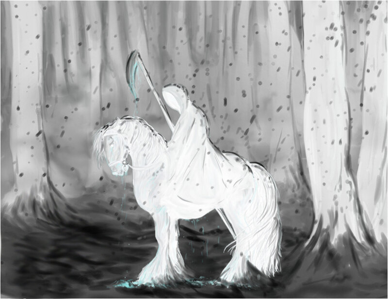Ghostly rider in snowy forest