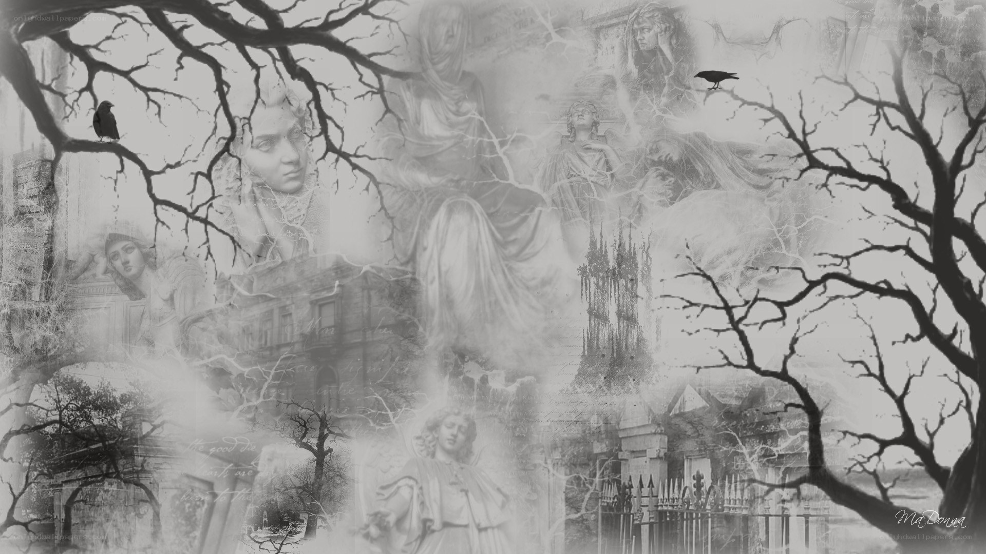 ghostly statues in a graveyard