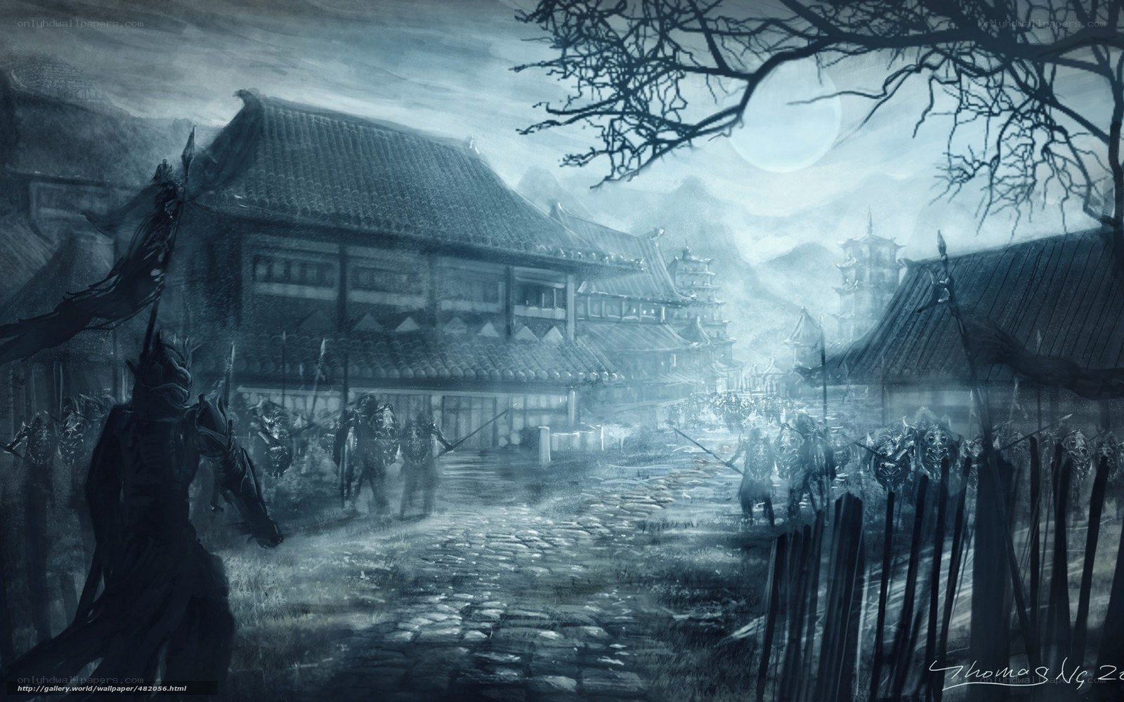 Ghostly village under moonlight