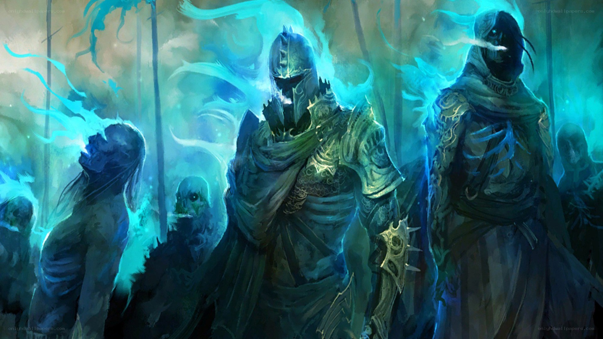 ghostly warriors in blue mist