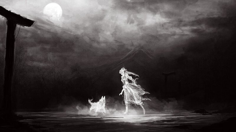 Ghostly Woman and Dog — Black