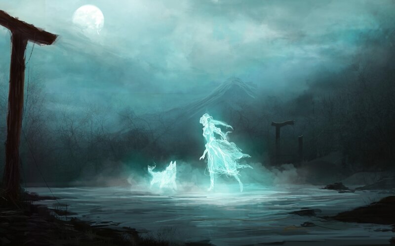 Ghostly Woman and Dog — Teal, Haunting