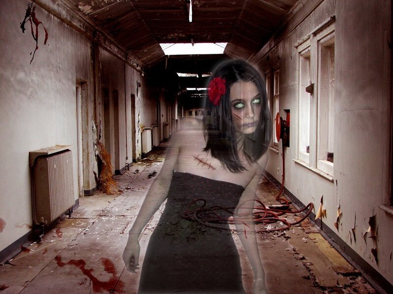 ghostly woman in abandoned hallway