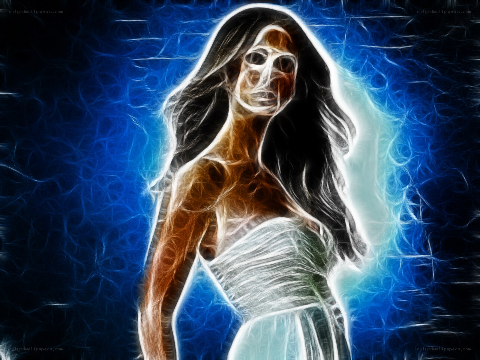 ghostly woman in blue light