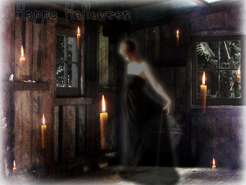 Ghostly woman in candlelit room