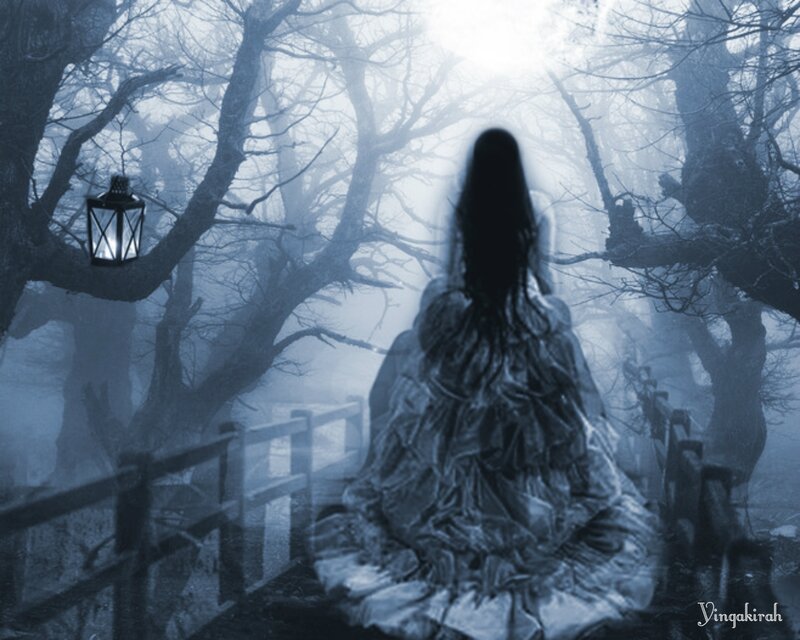 Ghostly Woman in Forest — Blue, Haunting