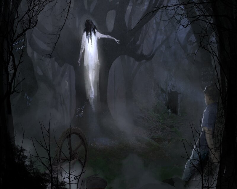 Ghostly Woman in Forest — Gray, Dark