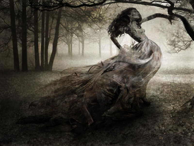 Ghostly Woman in Forest — Gray, Eerie