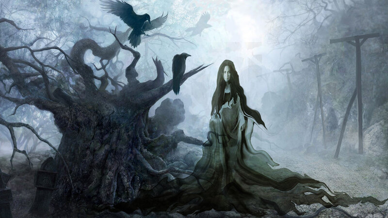 Ghostly Woman in Forest — Gray