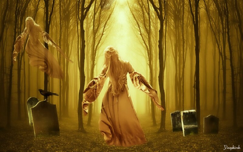 Ghostly Woman in Forest — Yellow