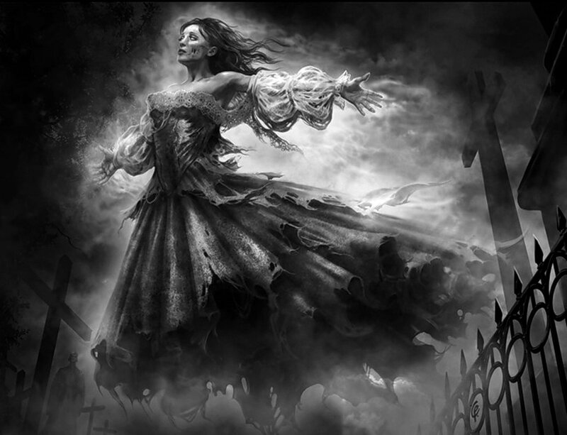 Ghostly Woman in Graveyard — Black, Dramatic