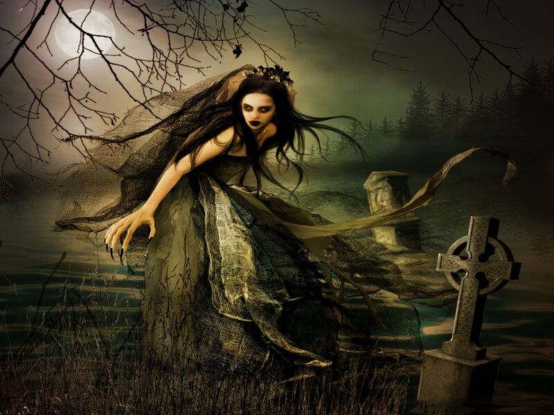 Ghostly Woman in Graveyard — Green