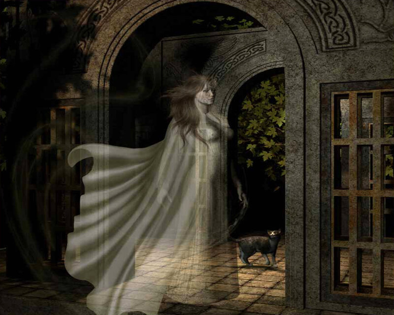 ghostly woman in stone archway