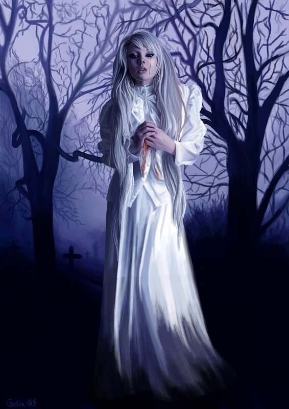 ghostly woman in white dress