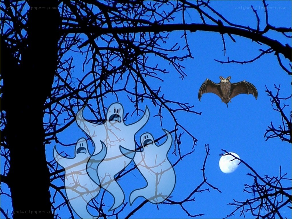 ghosts and bat in night sky