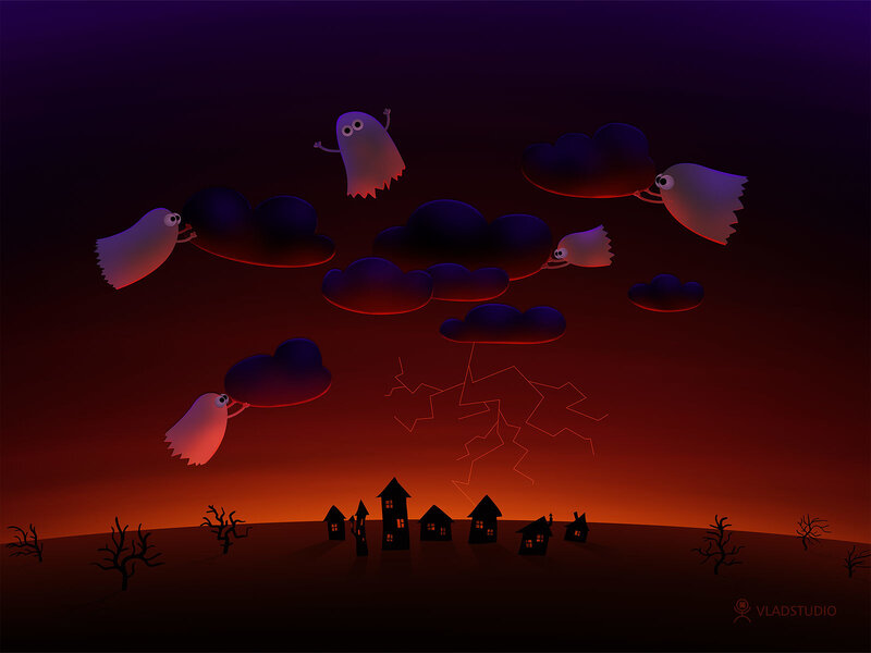 ghosts flying with clouds