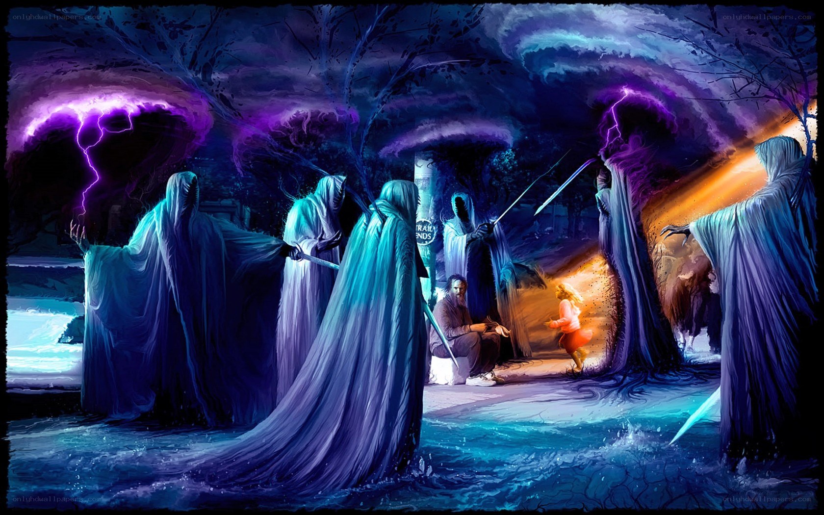 Ghosts surround a man and child