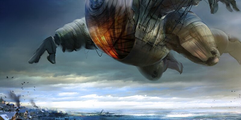 Giant airship over coastal town